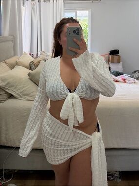 White Knit Tie-Front Beach Cover Up Set